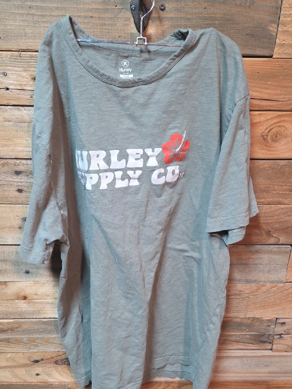 Hurley Olive Green Graphic Tee with White Logo and Red Flower